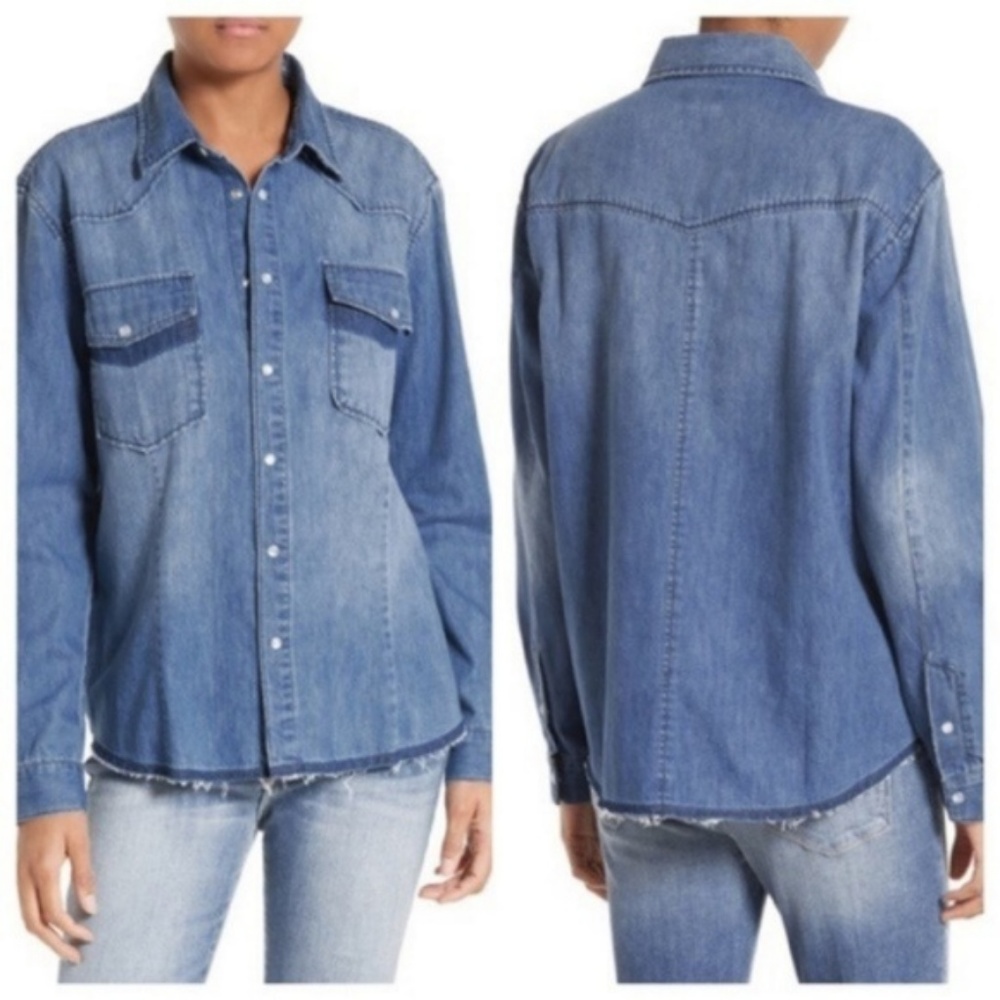FRAME Frayed Denim Pearl Button Down Blue Shirt just worn once. Doesn’t for me
